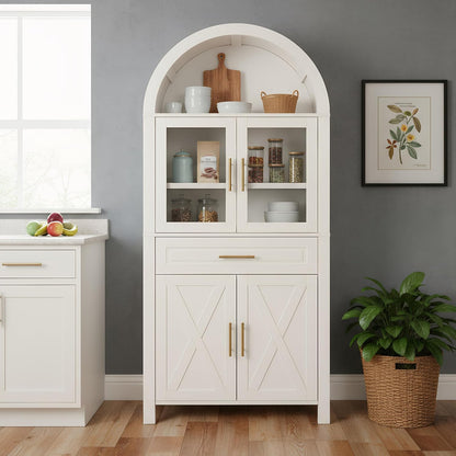 roomfitters 71" Tall Arched Farmhouse Pantry Cabinet with Glass Barn Doors & Pull-Out Drawer, White