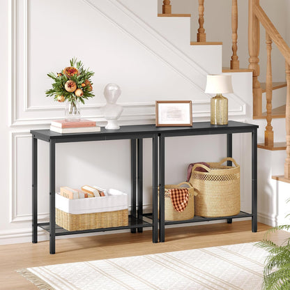Hoctieon 2 Tier End Table, Sofa Side Table, Narrow Side Shelf with Storage, Slim Nightstand for Small Spaces, Metal Frame, for Living Room, Bedroom, Sofa Couch, Hall, Black, 2 Set