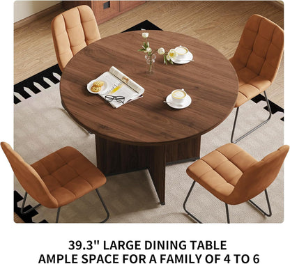 HIPIHOM Modern Round Dining Table Set for 4, 39.4" Walnut Kitchen Table with 4 PU Leather Chairs, 5-Piece Mid-Century Dining Room Set for Small Spaces, Pedestal Base