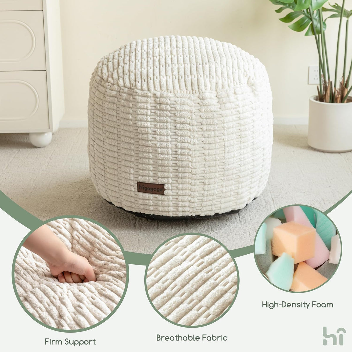 HIGOGOGO Pouf Ottoman Stuffed Round Modern Foam Filled Foot Rest Poufs for Living Room Chair Decorative 20 X 15 Inches Boho Relax Stool for Wedding Christmas Party, Beige