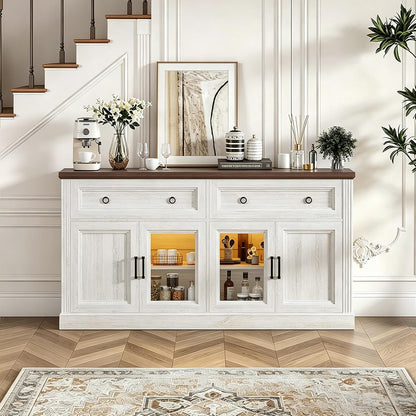63'' Sideboard Buffet Cabinet with Storage, Modern Credenza with Outlets & LED Light, 2 Drawers, 4 Doors, Adjustable Shelves, Coffee Bar Cabinet for Kitchen Living Room, Antique White