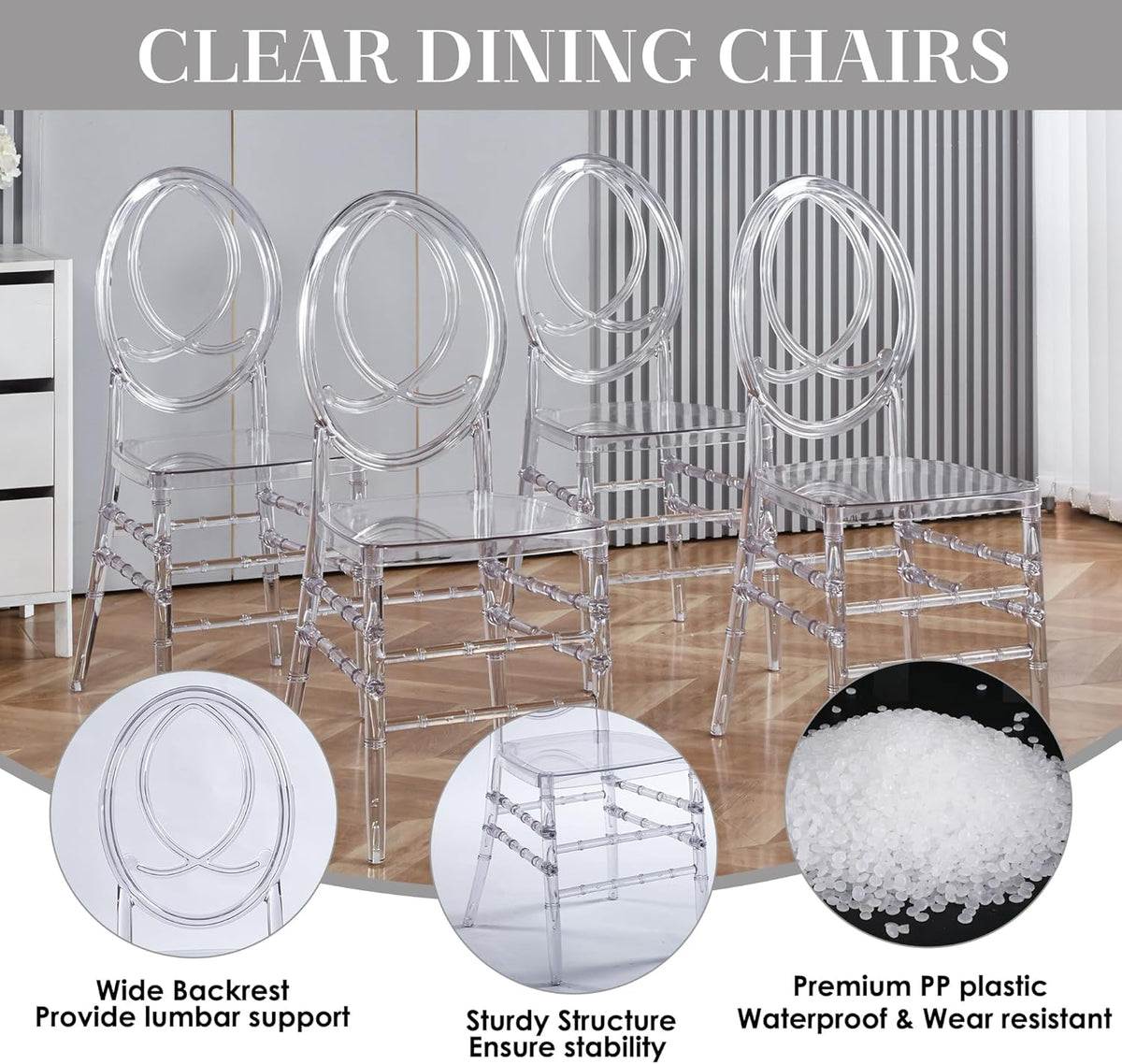 Clear Dining Chairs Set of 20, Stackable Plastic Kitchen Dining Room Chair, Modern Acrylic Ghost Chair, Crystal Chiavari Chairs High Back for Wedding Banquet Party Event Indoor(Oval)