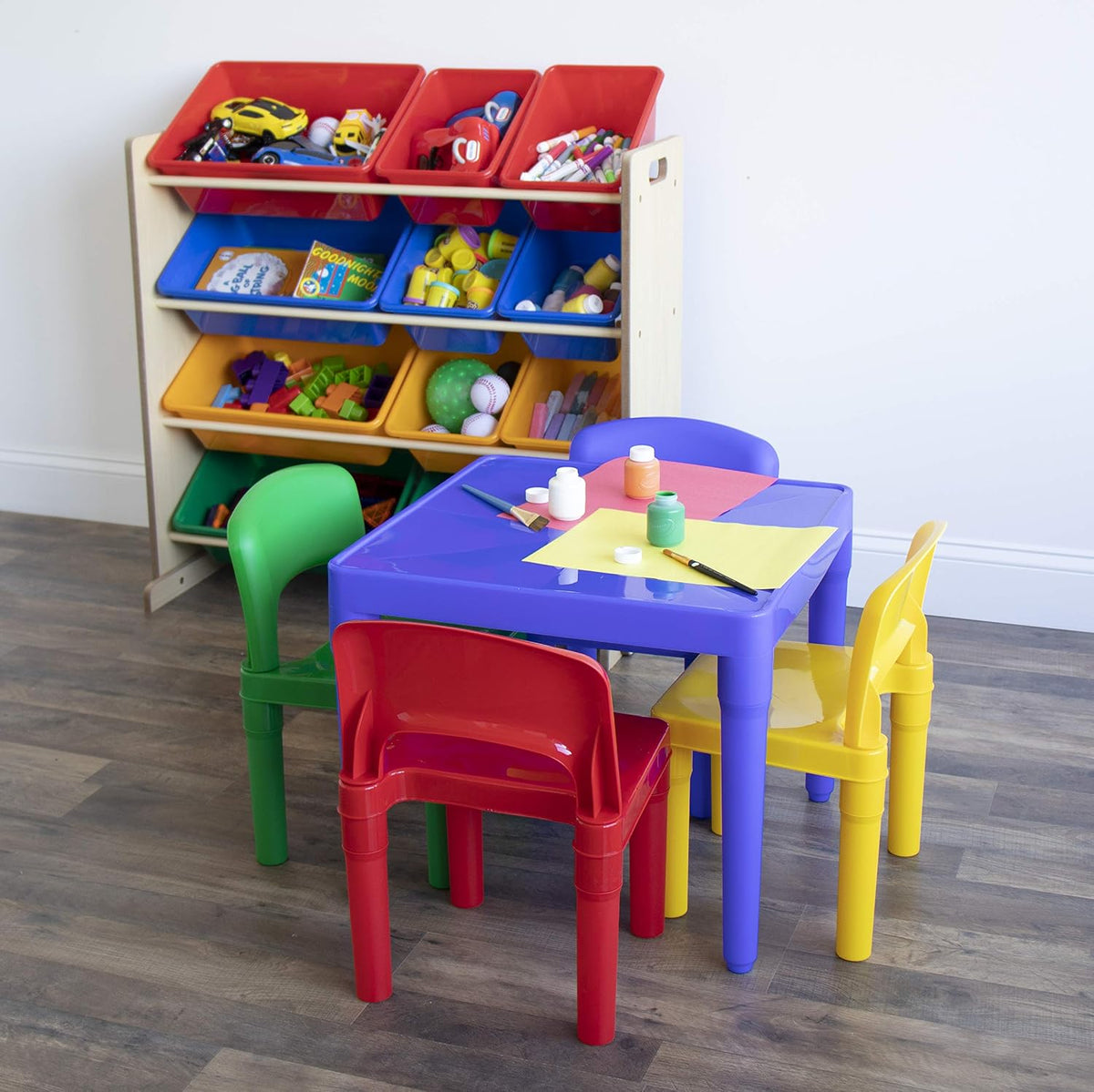 Humble Crew Kids Plastic 4 Set, Blue Table/Primary Chairs & White/Primary Kids' Toy Storage Organizer with 12 Plastic Bins