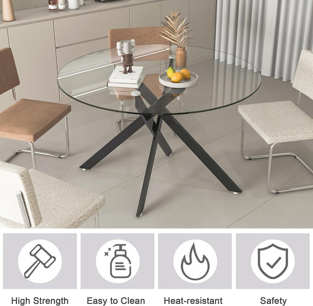 Round Glass Dining Room Table Set for 6, 7-Piece Dining Table Set with 47.2" Circle Black Glass Dinner Table & 6 Grey Velvet Tufted Chairs, Modern Kitchen Table Set for Apartment Home Office