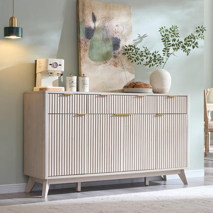 T4TREAM Large Buffet Sideboard Cabinet with Storages, 60" Fluted Modern Buffet Table Coffee Bar Wine Bar Storage Cabinet with 3 Drawers & 4 Doors for Dining Room, Living Room, Hallway(White Alder)