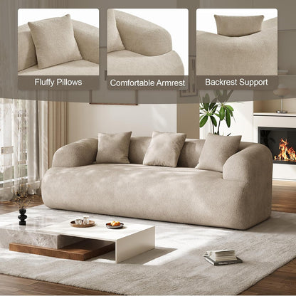 91" Couch,Cloud Couch,Chenille Curved Sofa with 3 Seater and 3 Pillows, Modern Compression Sofa for Living Room, Bedroom and Apartment, No Assembly Required, Light Brown