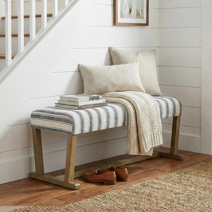 VKNOW 41" Upholstered Entryway Bench, End of Bed Bench with Cushion and Rubber Wood, Kitchen Dining Bench, Striped Bench for Dining Table, Bedroom, Living Room, Grey