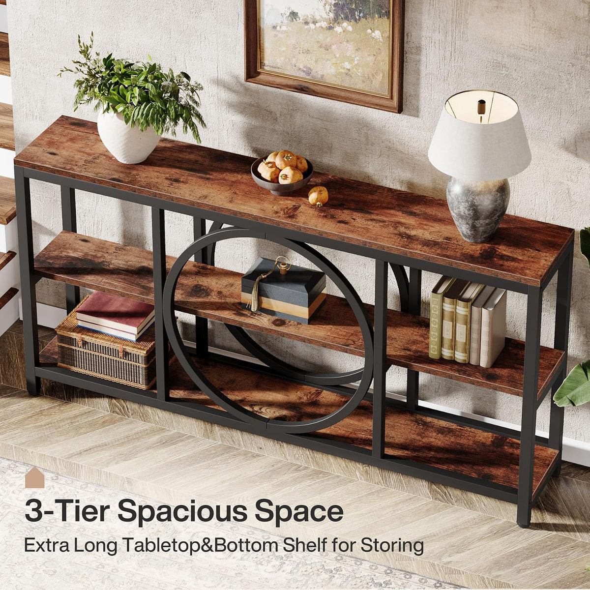 Tribesigns 70.9 Inch Extra Long Console Table for Entryway, Sofa Table Behind Couch with 3 Tier Wood Storage Shelves Industrial Metal Frame for Living Room Hallway Entryway, Brown Black