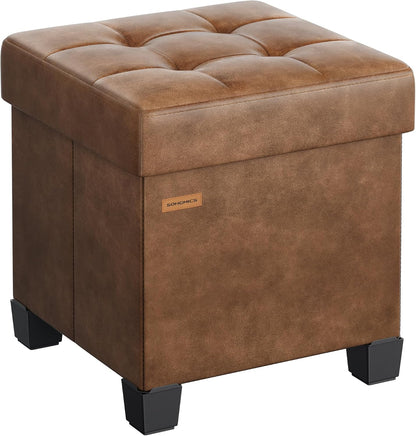 SONGMICS Small Storage Ottoman, 15 x 15 x 15.8 Inches, 9.8 Gal. (37 L) | Folding Ottoman Cube, Footstool, Footrest, PVC Leather Surface, Coffee Brown, MELISA Collection ULSF0512K03