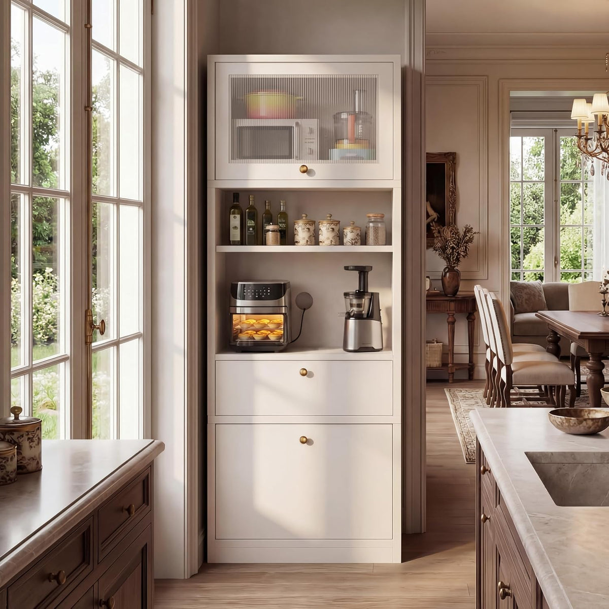 71" Tall Pantry Cabinet, Freestanding Storage Cabinet with Doors and Adjustable Shelves, Drawer & Anti-Tip Kit, E1-Grade Wood, Warm White for Kitchen Pantry Bathroom Storage