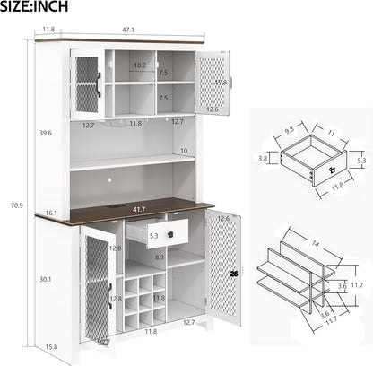 70.9" Kitchen Pantry Storage Cabinet Rustic Buffet Cabinet, Kitchen Hutch Cabinet with LED Outlets Food Pantry with Doors and Shelves Wine Rack for Dining Room, White