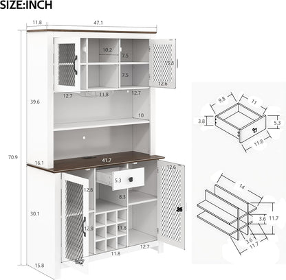 70.9" Farmhouse Kitchen Hutch Cabinet with Charging Station, 2 AC Outlets & 2 USB Ports, Built-in Wine Rack for 9 Bottles, Stemware Holder & LED Light, Freestanding Pantry Storage Cabinet (White)