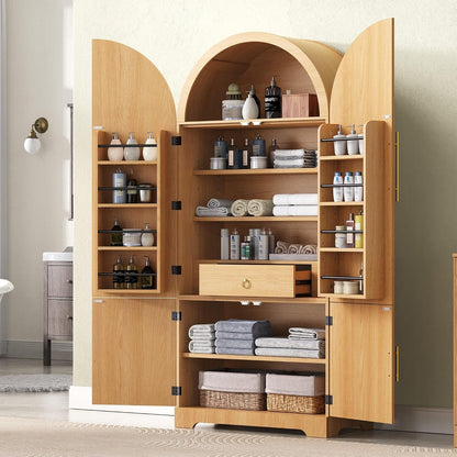 72" Tall Arched Kitchen Pantry, Mid-Century Fluted Wood Storage Cabinet with 4 Doors, 3 Adjustable Shelves, 8 Door Shelves, 1 Hidden Drawers, Versatile Cupboard for Living Room, Dining Room, Natural