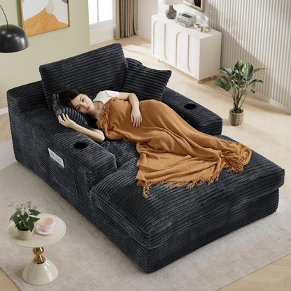 49" x 76" Corduroy Chaise Lounge, Cup Holders, Dark Gray | Super-oversized corduroy chaise with deep sleeper seating and built-in cup holders for reading, lounging, or overnight rest.