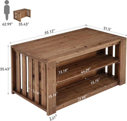 55" Solid Wood Kitchen Island with Storage and Seating, 3-Tier | Farmhouse Stationary Island Table, Side Slatted Design, Large Worktop, Closed Back Panel, Rustic Counter Height Dining Table