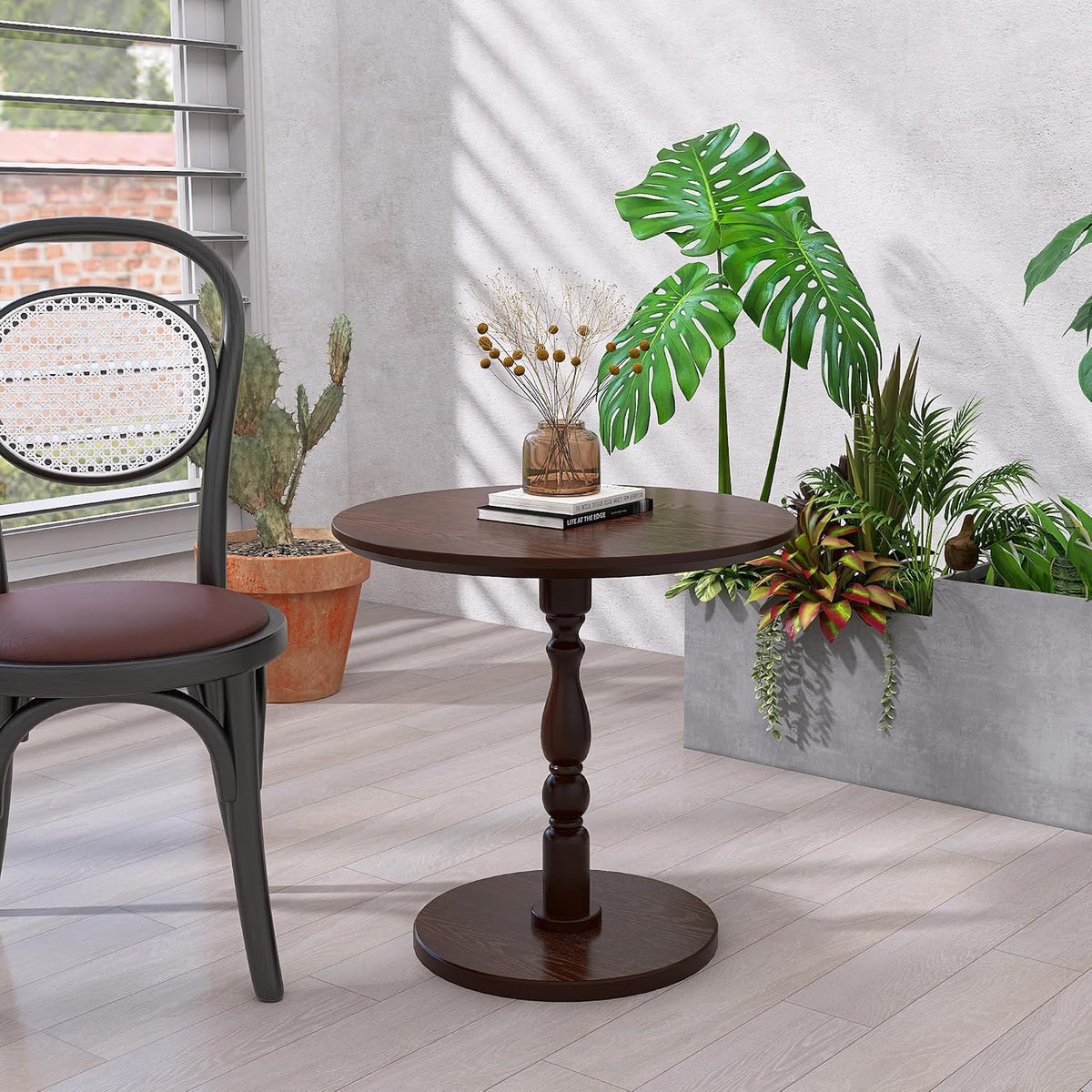 Round Side Table with Pedestal Base, 23.22" Wooden End Table, Coffee Table for Snacks & Drinks Living Room, Bedroom, Balcony (Walnut Dark Brown)