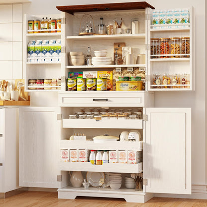 IRONCK Farmhouse Pantry Cabinet, 72" Tall Kitchen Storage Cabinet, Freestanding Cupboard with Sliding Rack & 6 Hanging Shelves,Kitchen Pantry Furniture for Dining Room, Easy Assembly, White
