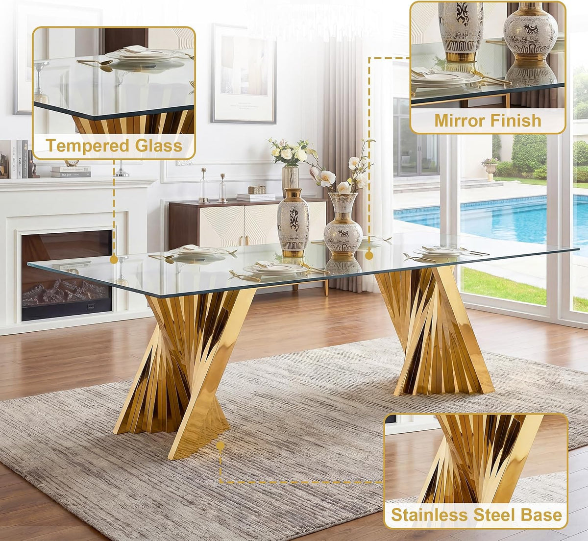 94" Modern Glass Gold Dining Table for 8-10, Luxury Kitchen Table with Tempered Glass Top & Mirror Finish Stainless Steel Base, Large Dinner Pedestal Tables for Home Banquet Hall Room, Only Table