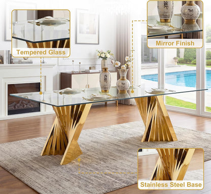 94" Modern Glass Gold Dining Table for 8-10, Luxury Kitchen Table with Tempered Glass Top & Mirror Finish Stainless Steel Base, Large Dinner Pedestal Tables for Home Banquet Hall Room, Only Table