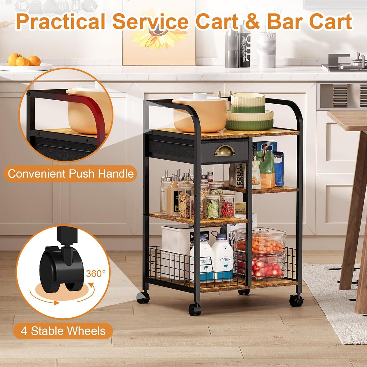 keomaisyto Microwave Cart with Storage, Kitchen Island Cart with Table Top & Drawer, 3 Tier Rolling Utility Cart with Adjustable 2 Storage Shelves, Coffee Bar Shelf for Kitchen/Dining/Living Room