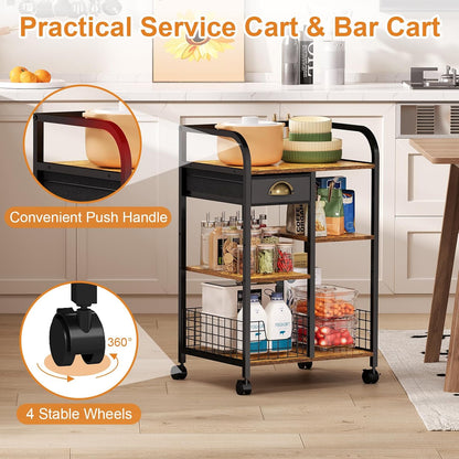 keomaisyto Microwave Cart with Storage, Kitchen Island Cart with Table Top & Drawer, 3 Tier Rolling Utility Cart with Adjustable 2 Storage Shelves, Coffee Bar Shelf for Kitchen/Dining/Living Room
