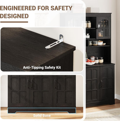 Spacious Storage & Modern Design Pantry Cabinet with Hutch – 70.9'' Tall Kitchen Cabinet – Glass Doors, Built-in Charging Station – Ideal for Dining Room – Black Color