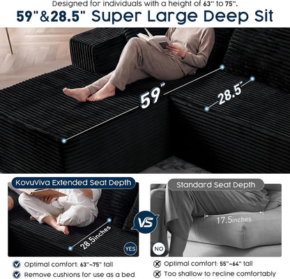 108” Modular Sectional Sofa, Right Facing Chaise (Sitting: Chaise on Your Right), Black Corduroy Cloud Couch, Deep Seat 5-Seater, Converts to Bed, No Assembly Required for Living Room