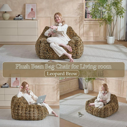 Giant Bean Bag Chair,Oversized Plush Comfy Bean Bag Sofa for Adults and Kids,Ultra Soft Living Room Bedroom Game Room Bean Bags with Armrests-Leopard Brown