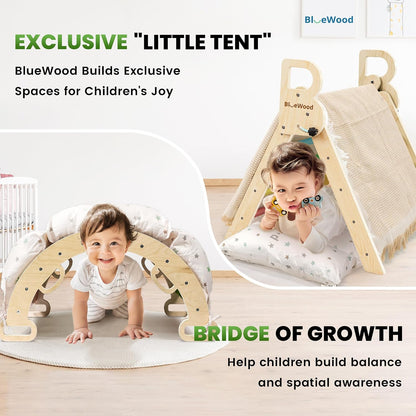 BlueWood Pikler Triangle Set Rainbow with Cushion and Wooden Busy Board