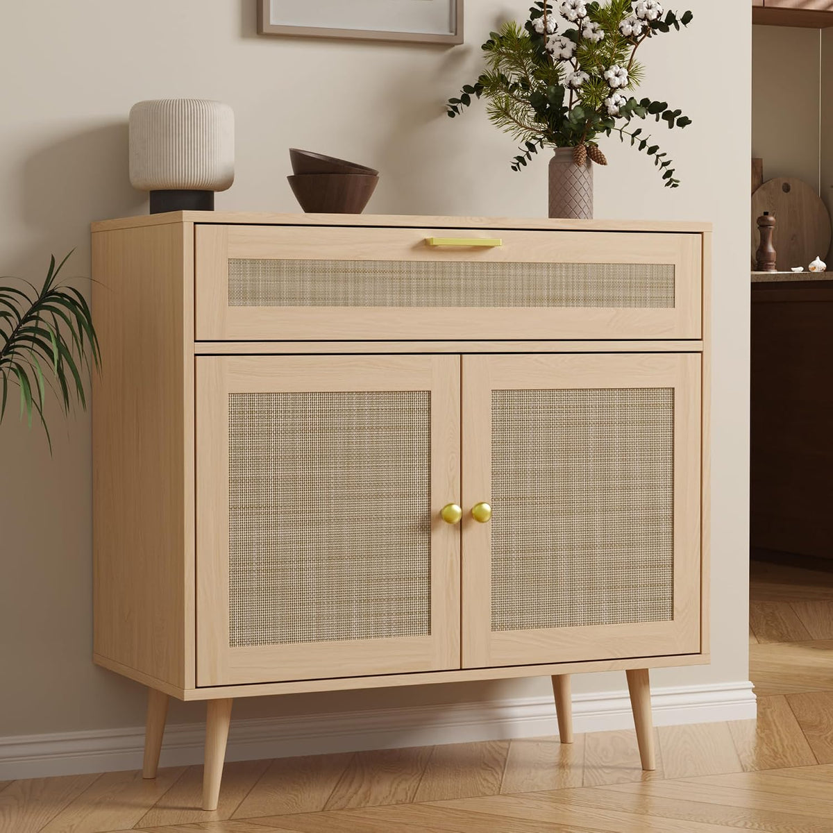 Furnify Rattan Sideboard Buffet, Boho Kitchen Cabinet with Drawer & 2 Doors, Modern Mid Century Accent Cabinet with Adjustable Shelf,Coffee Bar for Living Room, Entryway, Kitchen, Oak