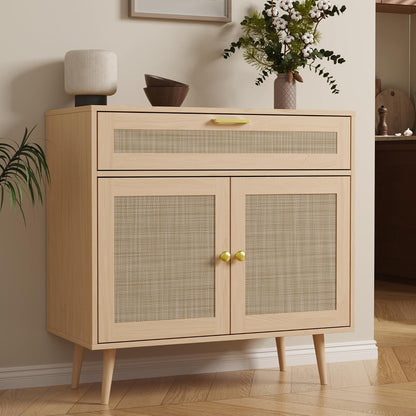 Furnify Rattan Sideboard Buffet, Boho Kitchen Cabinet with Drawer & 2 Doors, Modern Mid Century Accent Cabinet with Adjustable Shelf,Coffee Bar for Living Room, Entryway, Kitchen, Oak