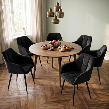 Modern Black Velvet Dining Chairs Set of 2, Upholstered Tufted Side Chairs with Arms, Black Metal Legs, Accent Arm Chairs for Kitchen, Dining Room, Living Room (Black)
