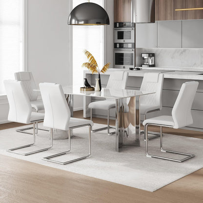 Marble Dining Table Set for 6,63" Kitchen Table Set of 6,Rectangle Dining Room Table Set with Silver Chrome Legs,Tempered Glass Dining Table Set with White Faux Leather Chairs for Dining Room
