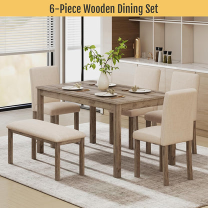 Zevemomo 6-Piece Solid Wood Dining Table Set, Including 1 Dining Table, 4 Upholstered Chairs and 1 Bench, Dining Table Sets for 6, Wooden Legs Table Set for Dining Room, Kitchen, Brown