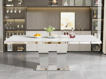 94.5“ Rectangular Dining Table for 6 8 10, Modern White Extendable Kitchen Table, Large Long Dining Room Table with Mirrored Pedestal for Dining Kitchen Living Room