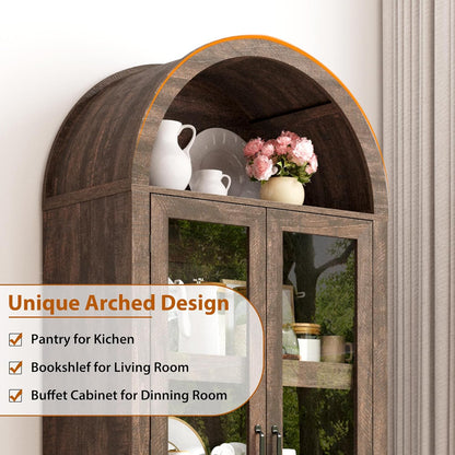 75" Tall Arched Kitchen Pantry Cabinet w Load-Bearing Steel Pipe,Modern Farmhouse Kitchens Storage Cabinet with Drawer and Glass Doors,Tall Arched Bookcase,Pantry Organizer(Rustic Brown)