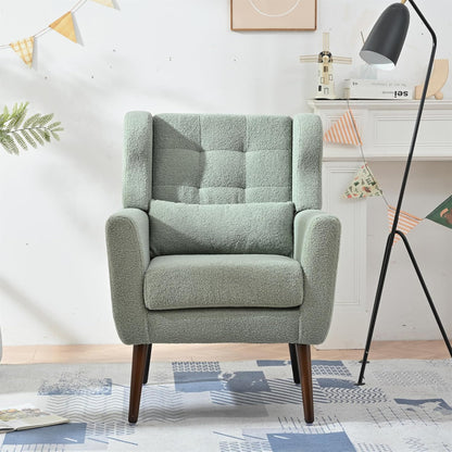 Accent Chair, Comfy Upholstered Living Room Chairs with High Tufted Backrest and Pillow, Wingback Reading Chair with Solid Wood Legs for Bedroom/Office,Teddy Fabric, Light Green