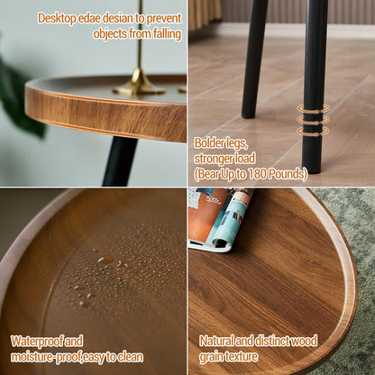 Nesting Coffee Table Set of 2-Mid Century Modern Guitar Pick Stacking Tables with Solid Wood Legs-Waterproof Circle Center Table for Living Room Bedroom Balcony