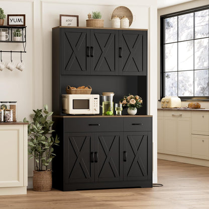HOSTACK 71"H Kitchen Pantry Storage Cabinet, Farmhouse Hutch Cabinet, Black | Space-Saving Pantry Cabinet with Charging Station & 2 Large Drawers & Adjustable Shelves, Tall Kitchen Hutch, Dining Room