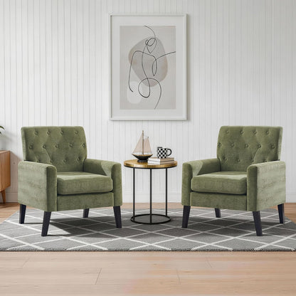 Mid Century Modern Accent Chairs Set of 2, Green Chenille Office Chair for Reception - Tufted Upholstered Club Chair for Living Room, Bedroom, or Waiting Room