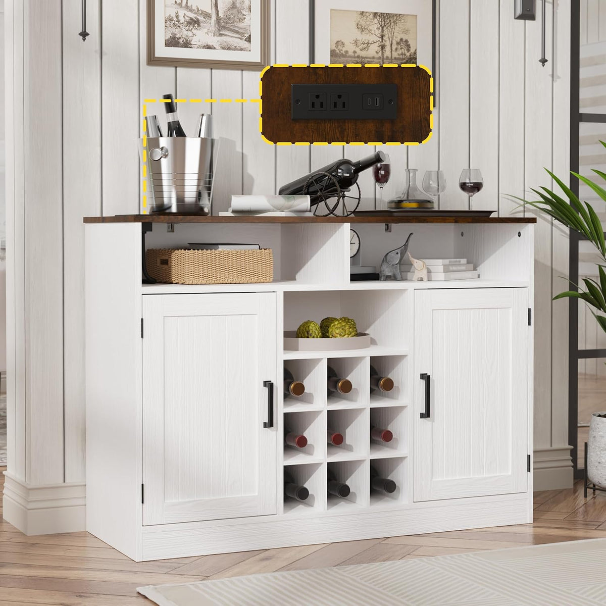 MHOM Farmhouse Buffet Cabinet with Prower Outlets, Rustic Sideboard Buffet with Wine Rack, Wooden Buffet Table for Dining Room, Antique White