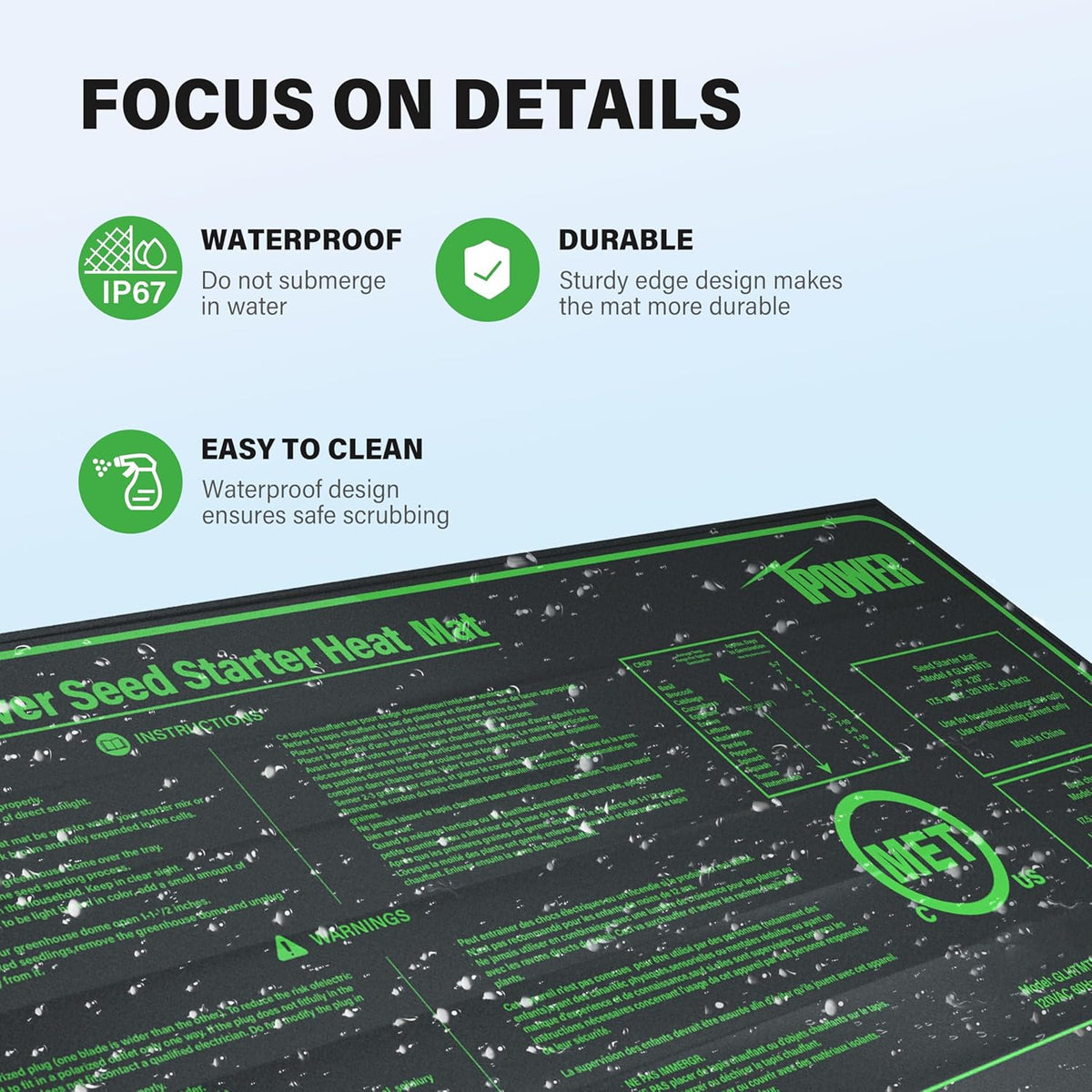 iPower Durable Waterproof Seedling Heat Mat Warm Hydroponic Pad for Efficient Seed Starting, Greenhouse Use, and Germination, 10" x 20", Black