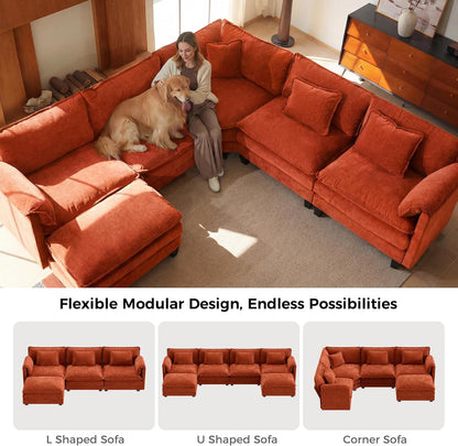 ELUCHANG 114" Oversized Modular Sectional Sofa, Comfy Chenille Cloud Couch, 7-Seater V Shaped Modern Deep Seat Sofa w/Removable Covers for Living Room, Bedroom, DIY Combination - Terracotta