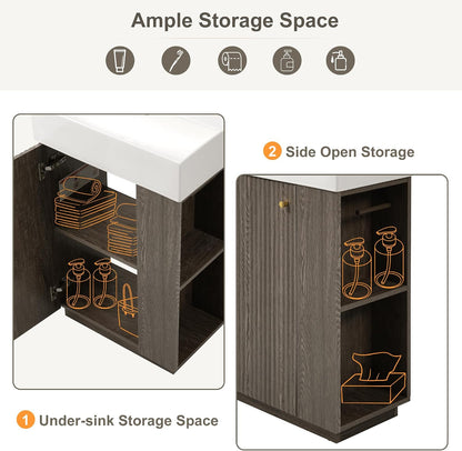 JIVOIT Bathroom Vanity with Ceramic Sink, 21.6" Bathroom Cabinet with Open and Closed Storage, a Tissue Holder, Side Storage, Modern Left Door Wood Grain Cabinet for Small Space