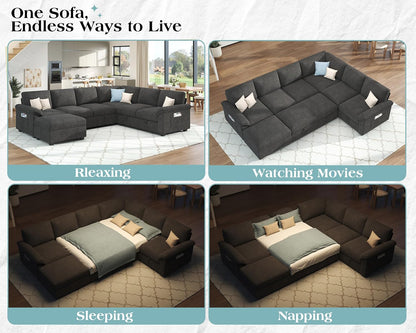 Jocisland 105" Sofa Bed, Sectional Sleeper Sofa with Pull Out Bed/Reclining Backrest, Sleeper Couch Bed with Storage, 6 Seater Couch Bed for Living Room, Chenille Dark Gray