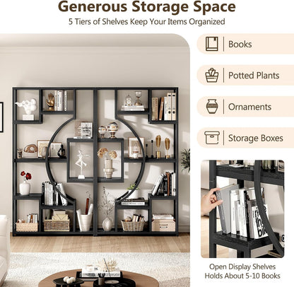 LGHM Bookshelf Set of 2 with Metal Frame, 5 Tier Geometric Bookcase, Adjustable Modern Book Shelf with 18 Open Storage Shelves, Display Shelf for Living Room, Office, Bedroom,Black