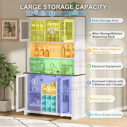70.9" Kitchen Pantry Storage Cabinet Rustic Buffet Cabinet, Kitchen Hutch Cabinet with LED Outlets Food Pantry with Doors and Shelves Wine Rack for Dining Room, White