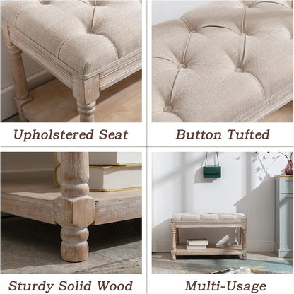 Farmhouse Storage Bench Wooden Entryway Linen Upholstered Ottoman Button Tufted Bench for Bedroom End of Bed Hallway Organizer, Beige, 32 Inch