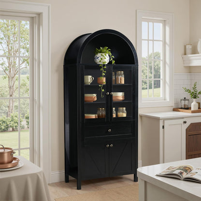 71" Tall Arched Pantry Cabinet, Kitchen Storage Pantry Cabinet, Farmhouse Wood Arched Bookshelf with Drawers and Adjustable Shelves for Living Room, Kitchen, Dining Room (Black)