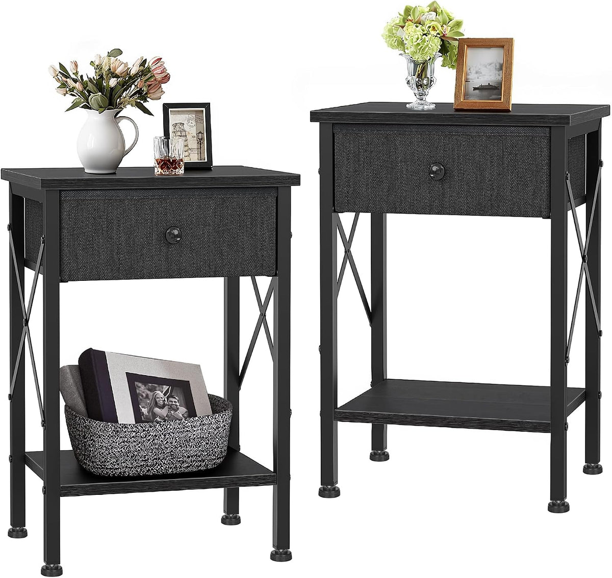 VECELO Nightstand Set of 2, X-Design End Side Table with Fabric Storage Drawer and Open Shelf, Bedside Night Stand with Steel Frame for Bedroom, Living Room,Dorm, Easy Assembly, Black